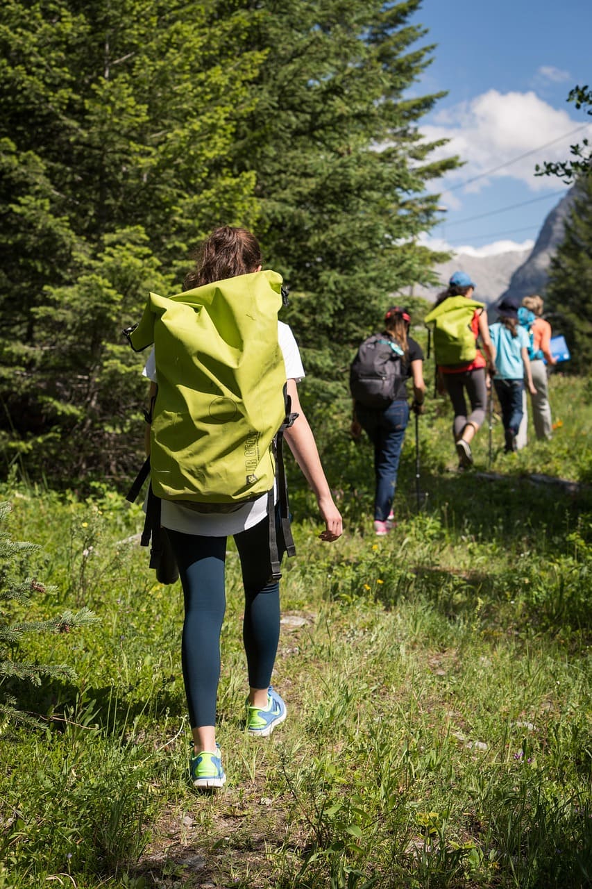 gruppo di turisti sportivi pratica trekking in montagna