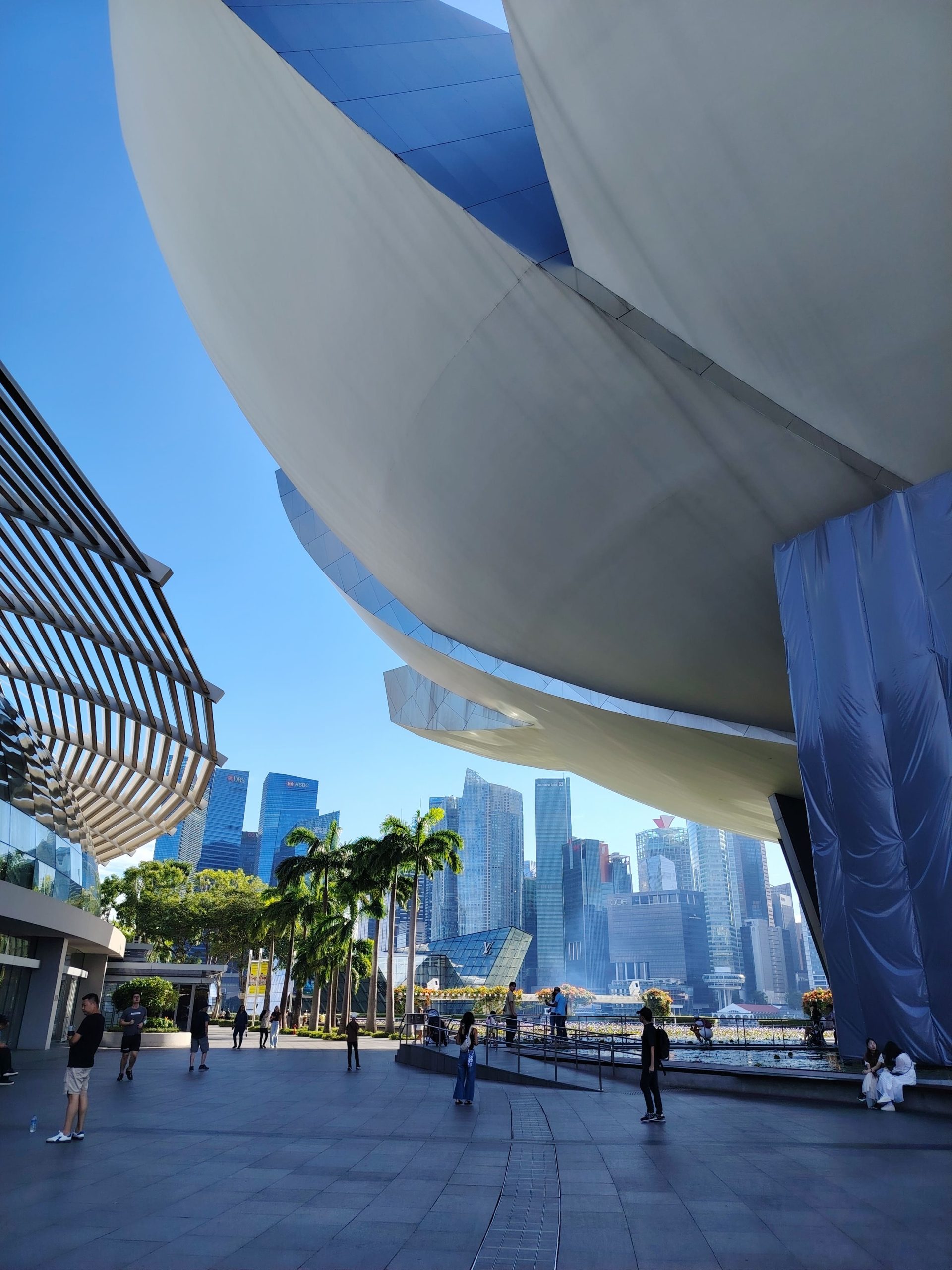 marina bay singapore vista da sotto il museo delle scienza in una giornata di sole
